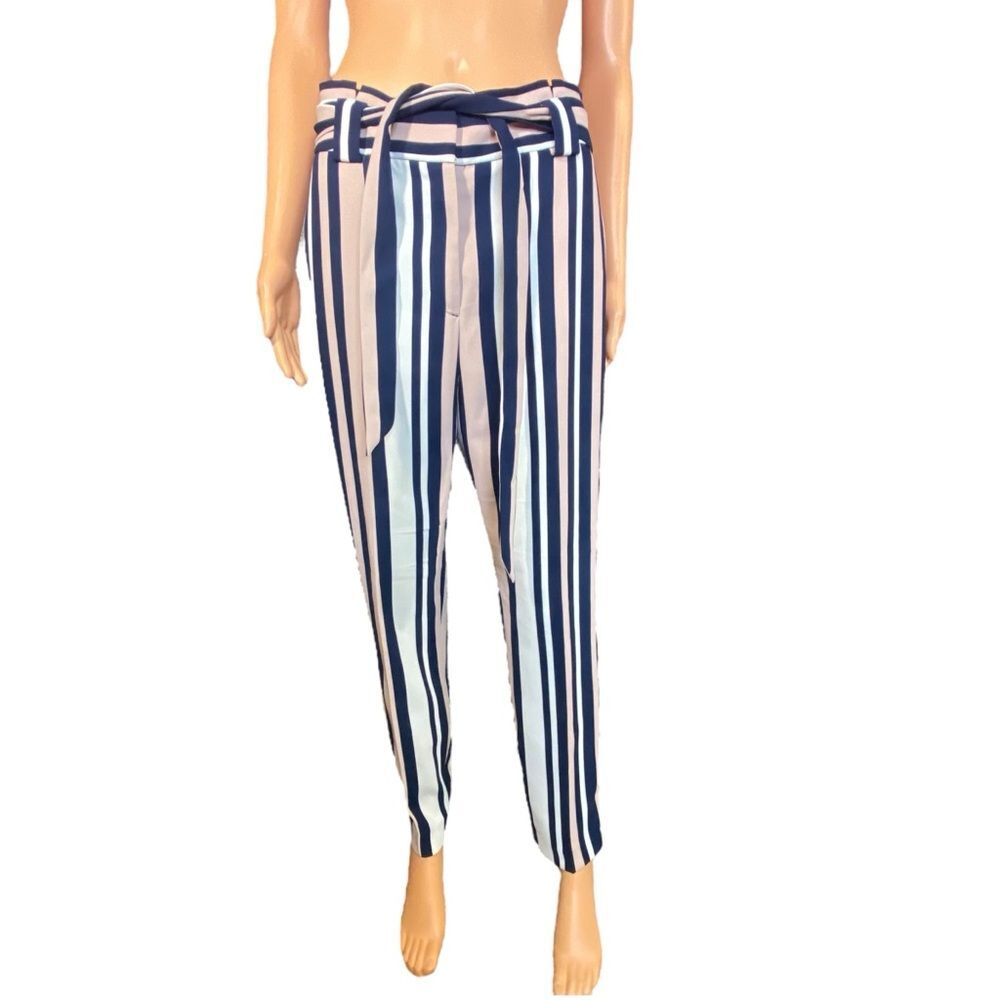 Express Dress Pants High Waisted Bold Stripe Sash Waist SZ 6 Cropped Ankle Fit